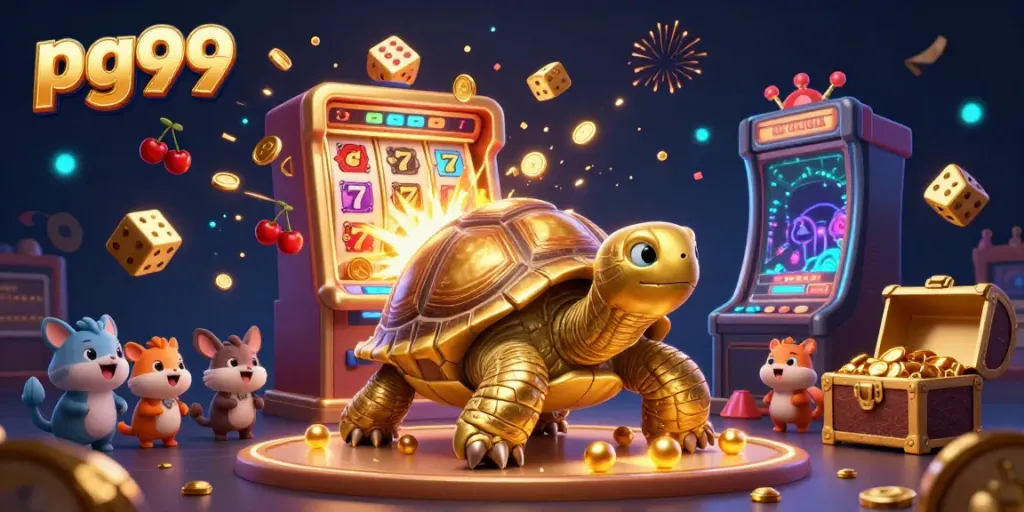 Experience the excitement of pg99 with a jackpot scene featuring a playful tortoise and a vibrant casino atmosphere.