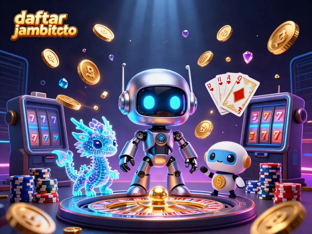 Join the excitement at daftar jambitoto with a vibrant 3D illustration of a cyberpunk robot and gaming elements.