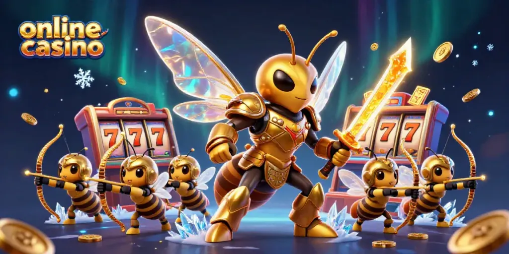 Engage with thrilling online casino action featuring a giant golden hornet warrior and animated slot machines.