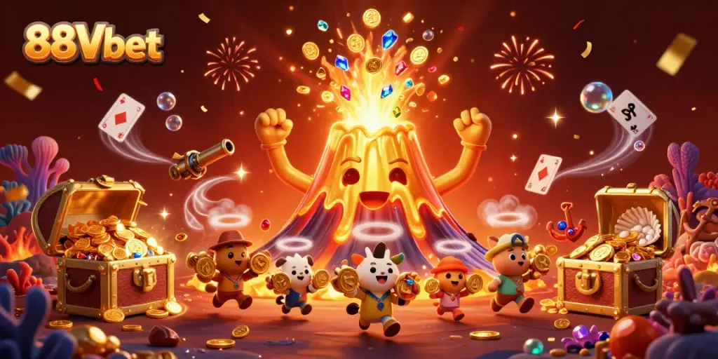 Join 88Vbet for thrilling gaming and treasures with a lively volcano overflowing with coins and magical elements.