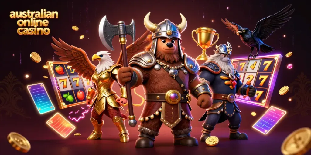 Australian online casino vibrant 3D scene with Viking characters and slot game elements.