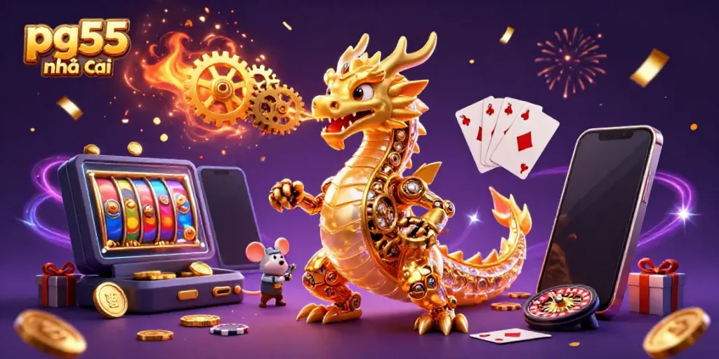 Engage with pg55 nhà cái's dynamic gaming scene featuring a biomechanical dragon and vibrant casino elements.