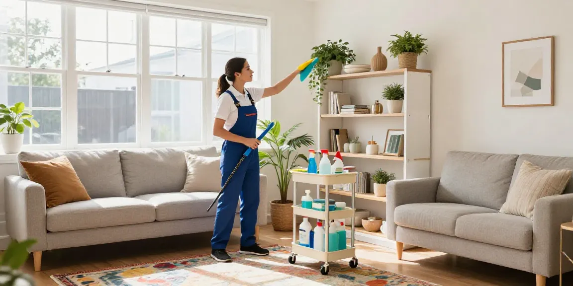 Domestic cleaning Melbourne expert tidying up a bright Melbourne living room, showcasing professional house cleaning services.