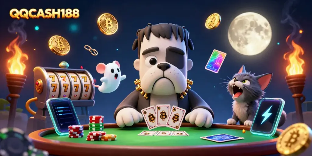 Experience QQCASH188's thrilling atmosphere with a cartoon bulldog dealer, crypto coins, and spooky elements.