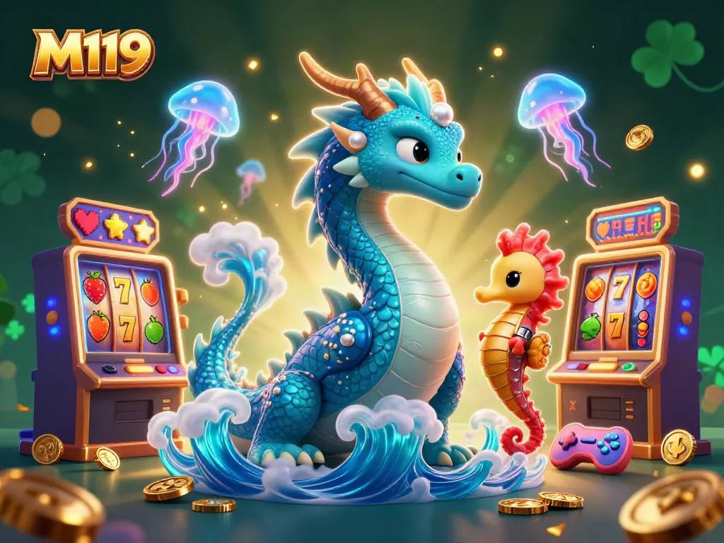 Engage with M119 showcasing colorful slot machines, a majestic dragon, and a brave seahorse knight.