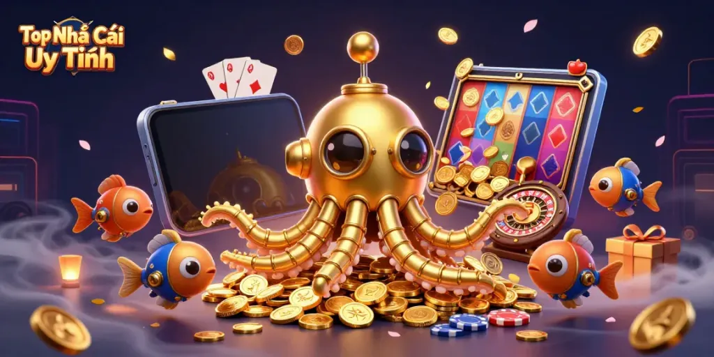Engaging scene of Top Nhà Cái Uy Tín featuring a golden kraken submarine amidst casino elements.