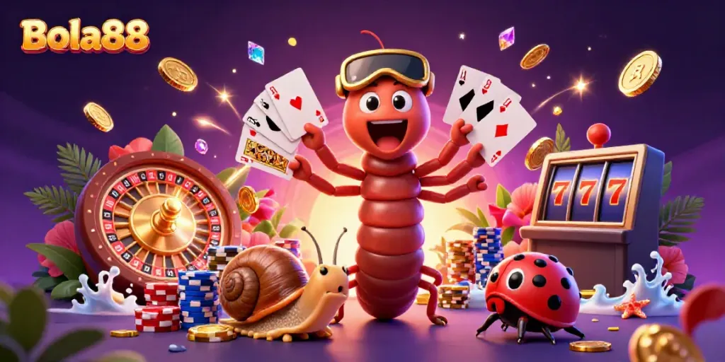 Bola88's vibrant casino scene features a cartoon millipede dealer, stunning chip stacks, and a snail high-roller pushing chips.