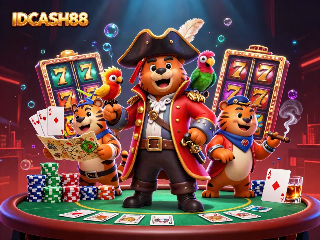 Engage with IDCASH88's thrilling experience featuring a pirate bear and a tiger with gambling elements.