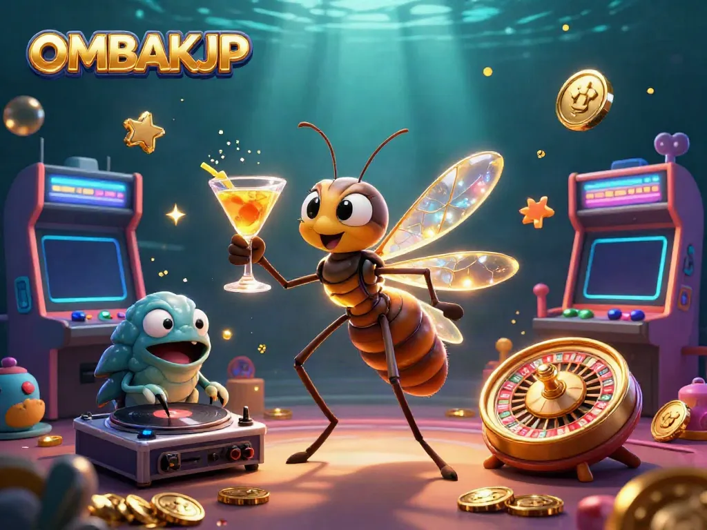 Engage with OMBAKJP by experiencing a vibrant casino scene packed with retro games and unique characters.