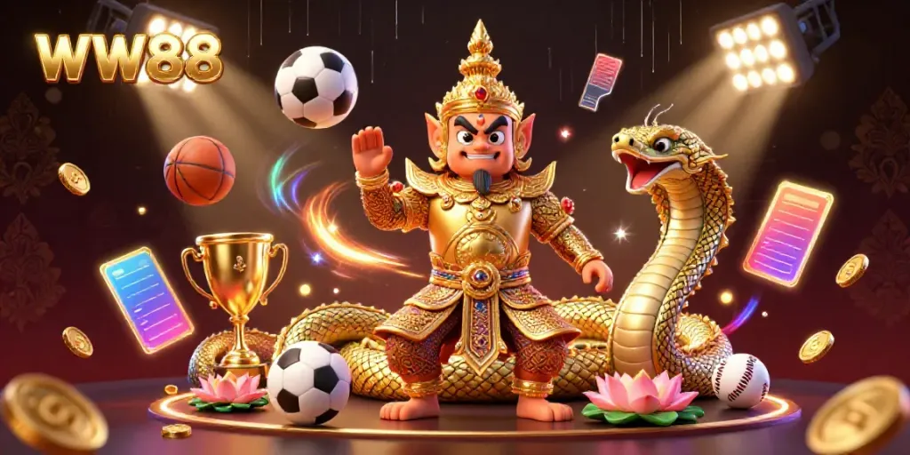 Engage with the vibrant WW88 casino scene featuring a friendly yaksha guardian amidst dynamic sports elements.