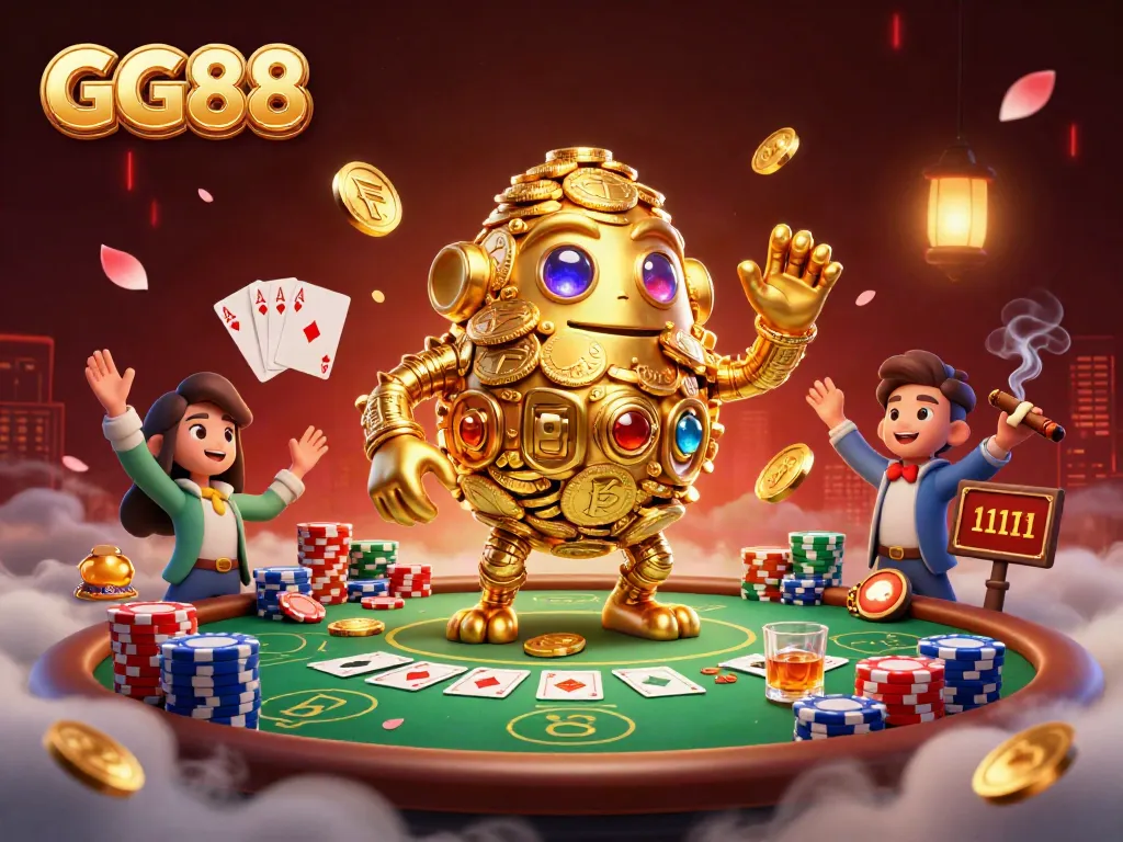 Experience the thrilling world of GG88 with a golden golem and poker scene, symbolizing adventure.