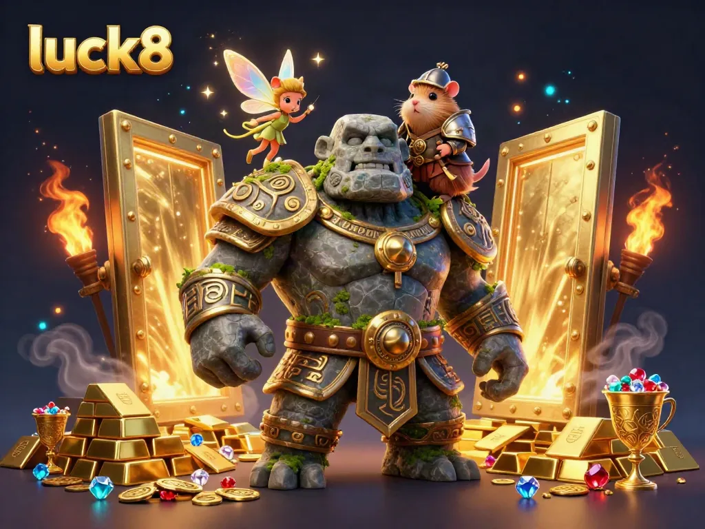 Engage with luck8's epic casino adventure, featuring a magical golem guardian, spinning jewels, and winning treasures.