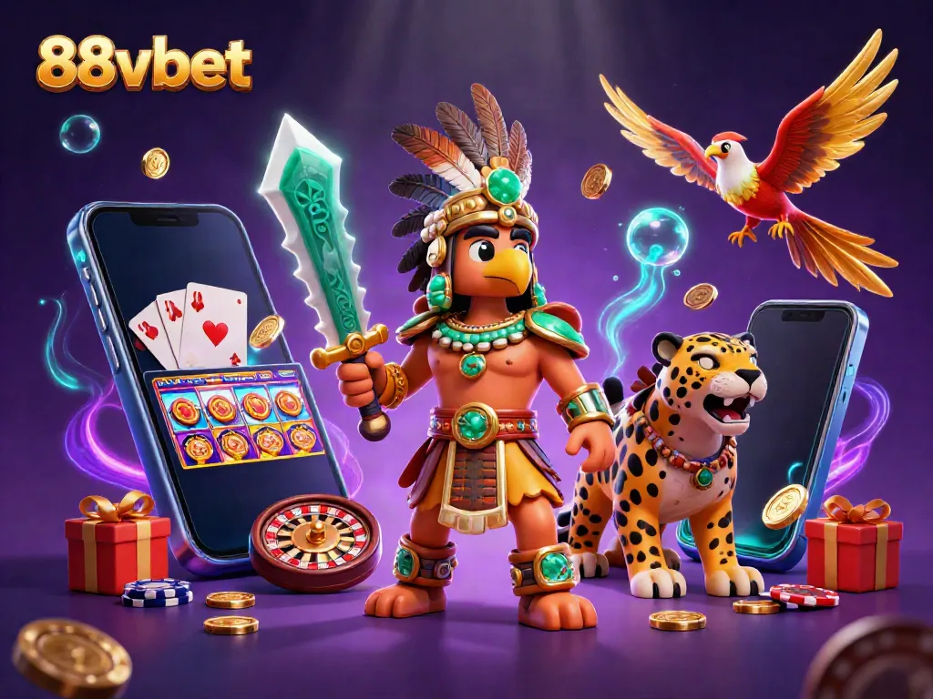 Experience vibrant casino excitement with 88vbet, featuring an Aztec warrior and gaming elements.