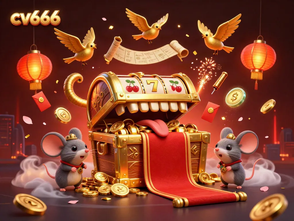 Spin the reels and win big with cv666's vibrant online casino environment showcasing treasure chests and festive elements.