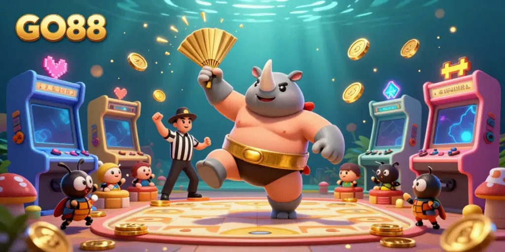 Experience the excitement with GO88 as a sumo champion beetle stomps gold coins amidst vibrant arcade games.