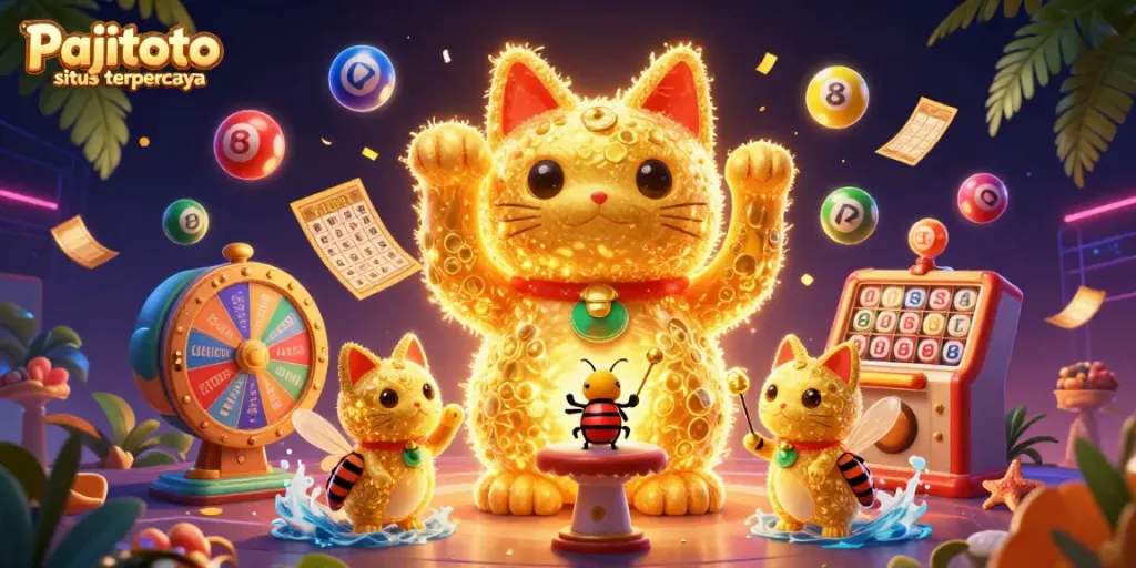 Experience the thrill of Pajitoto situs terpercaya with vibrant casino elements in a 3D digital illustration.