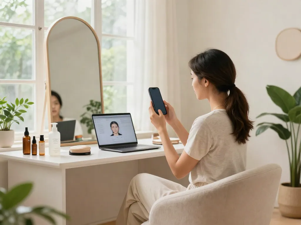 Alternatives to QOVES shown in a bright wellness studio where a woman analyzes her facial features.