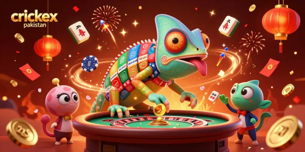 Enjoy thrilling gameplay at Crickex Pakistan with a vibrant casino scene featuring colorful characters and festive elements.