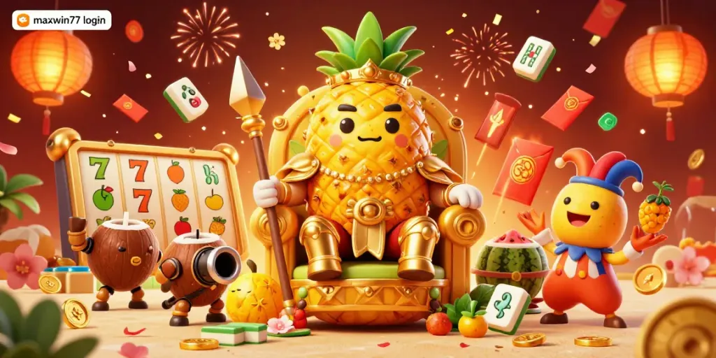 Engage in fun and excitement with maxwin77 login amid vibrant casino elements in a festive 3D scene.