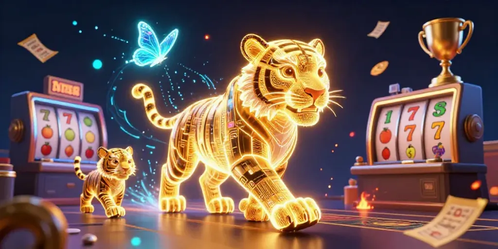 Witness the TR88 golden tiger symbolizing energy and luck in a vibrant casino scene.