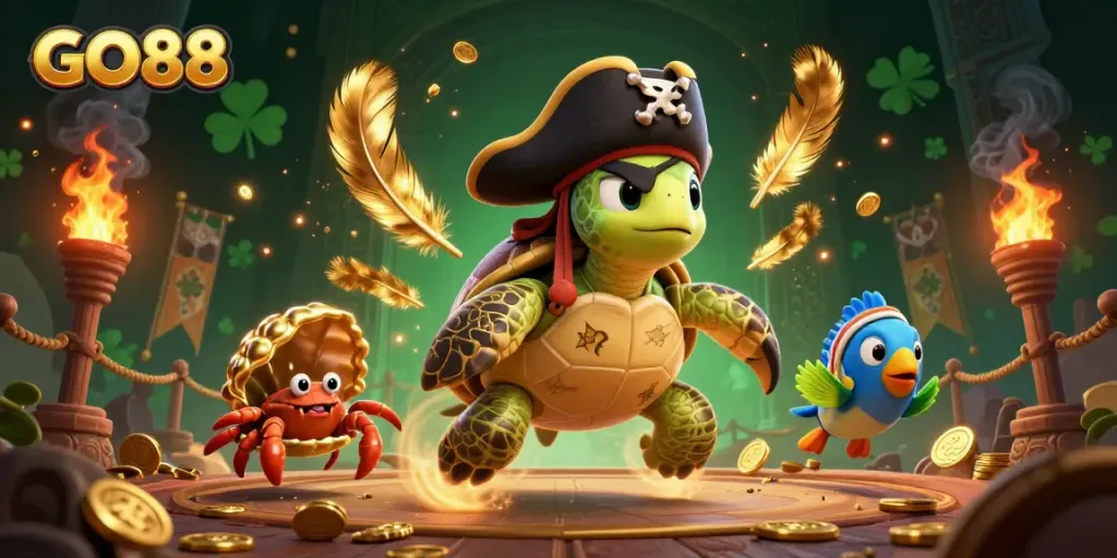 Engage with GO88's immersive adventures through a dynamic 3D illustration showcasing fun characters and rich gold-themed elements.