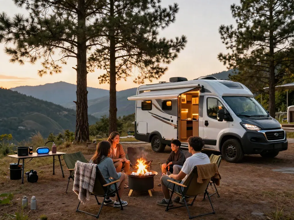 An RV campsite at sunset featuring a modern camper van and family enjoying the outdoors, showcasing rv lithium battery technology in use.