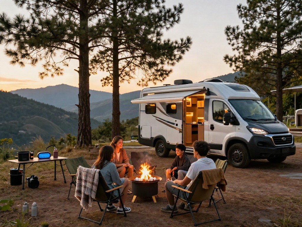 An RV campsite at sunset featuring a modern camper van and family enjoying the outdoors, showcasing rv lithium battery technology in use.