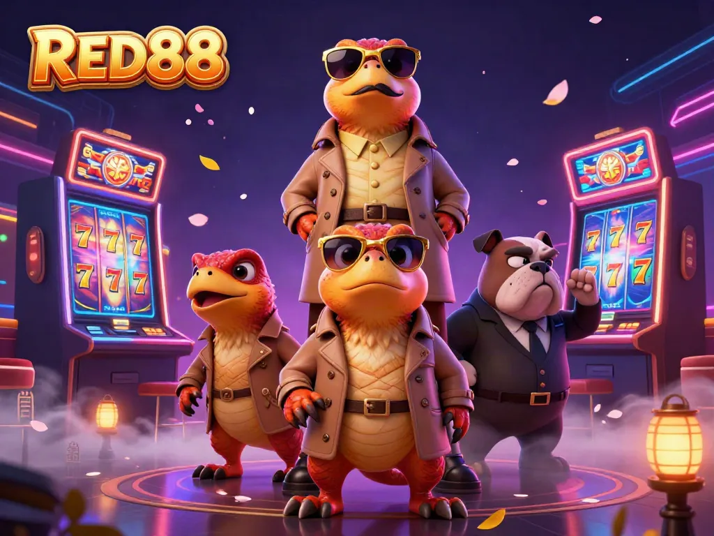 Experience the thrilling atmosphere of RED88 as raptors in a trench coat try to enter a VIP casino lounge.