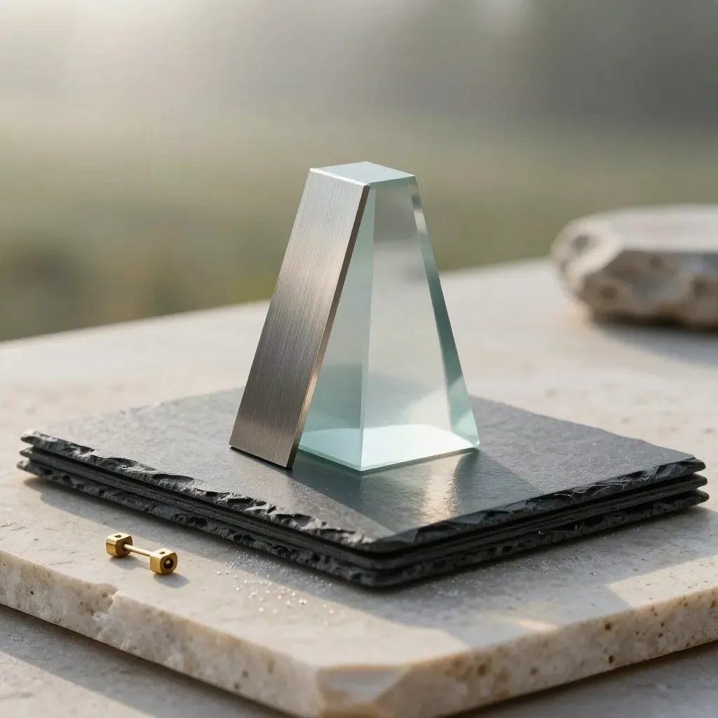 Frosted glass prism with slate tiles and brass markers on pale limestone in soft mist.