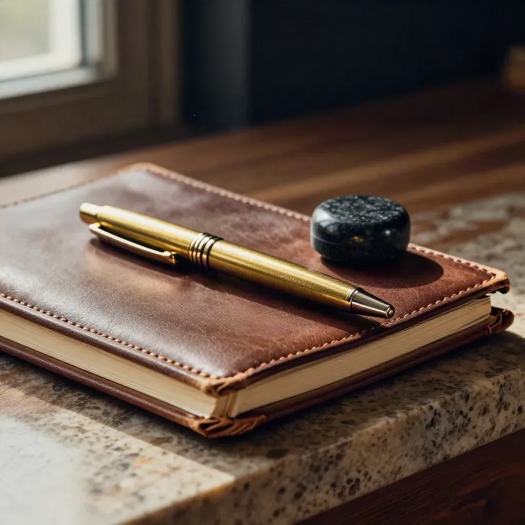 Leather notebook, brass pen and stone paperweight on warm ledge with dark bokeh.