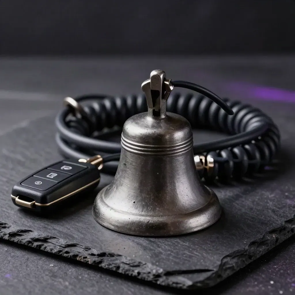 Steel signal bell, coiled cable and key fob on stone under dramatic studio light.