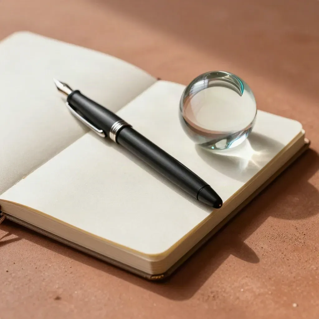 Closed cream notebook, black fountain pen, and glass paperweight on warm clay, softly lit.