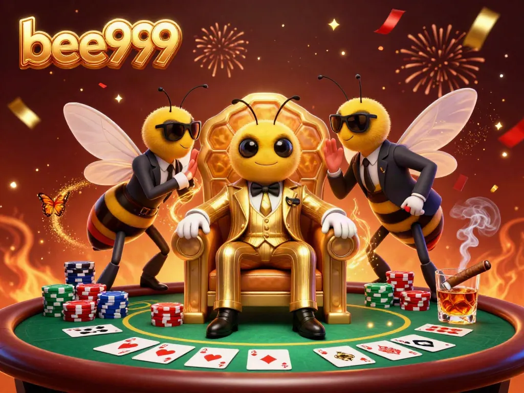 A bumblebee mob boss oversees high-stakes poker in a vibrant casino-themed illustration with bee999 branding.