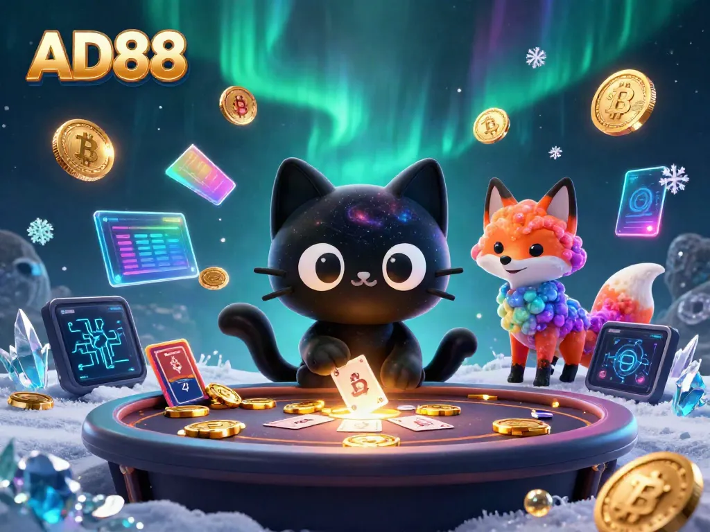 AD88 delivers immersive gaming experiences at a cosmic casino table with vibrant characters and crypto elements.