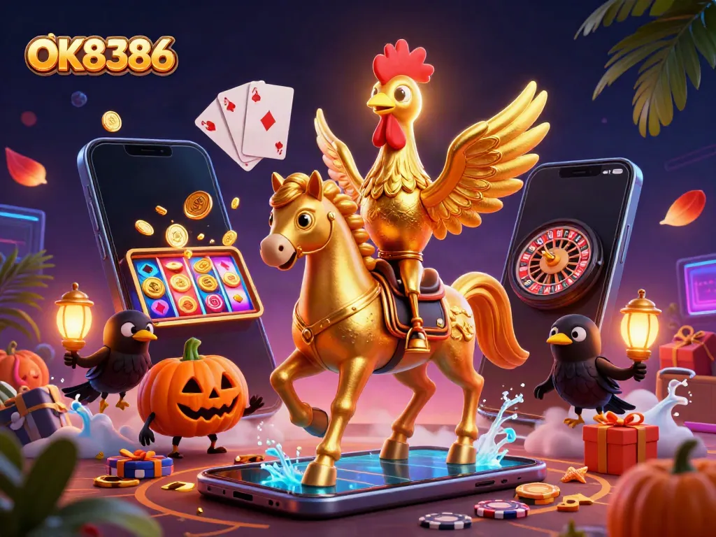 Immerse in the vibrant world of OK8386 casino with a golden rooster in a dynamic 3D illustration.