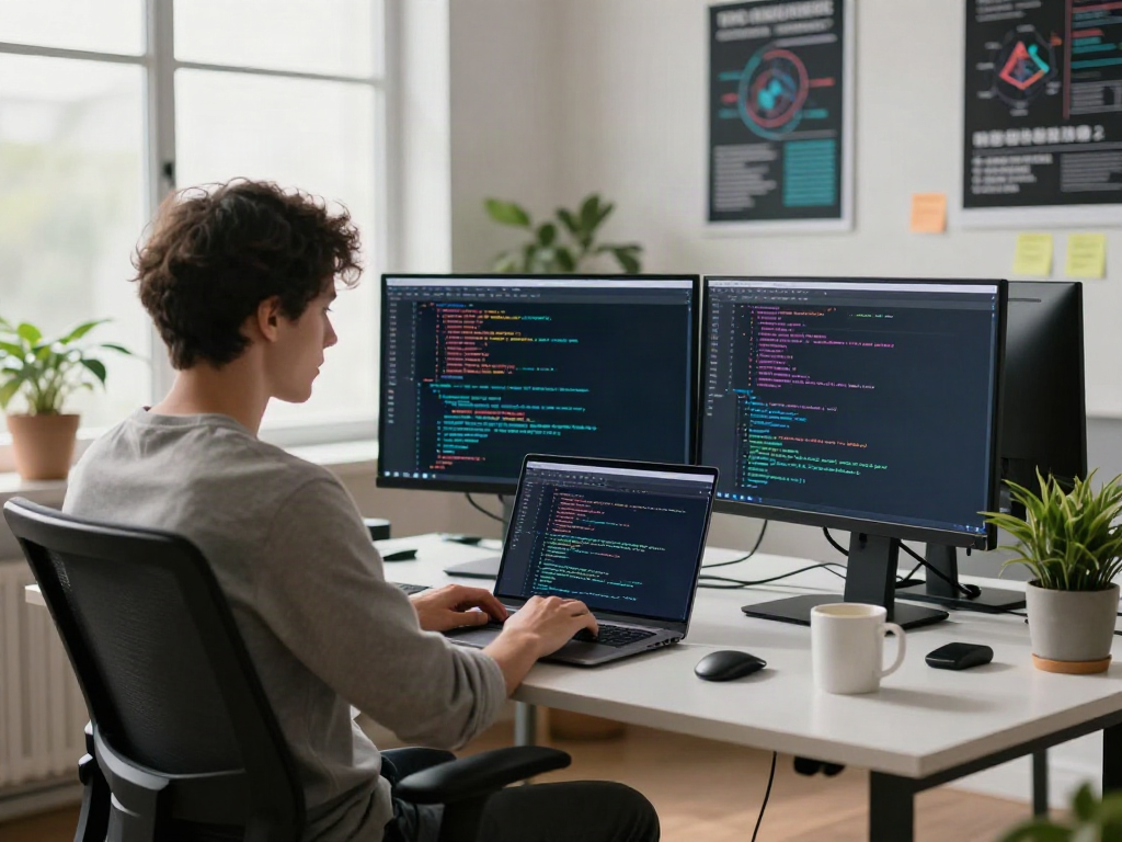 Developer using v2rayN software in a modern tech workspace filled with coding elements.