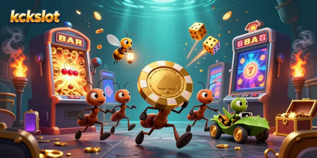 Ant tim 3D mengambil chip poker emas besar di kasino dengan kckslot siap menang.