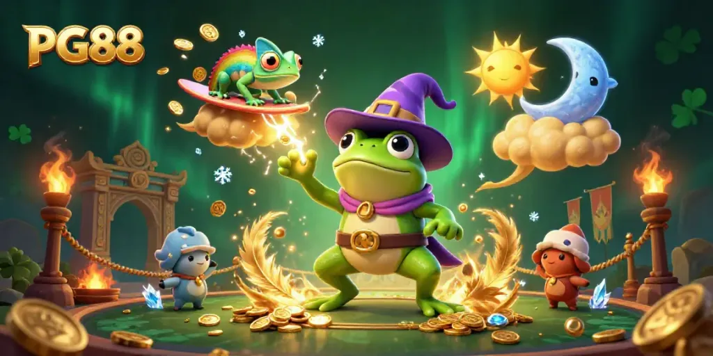 Experience the excitement of PG88 with a wizard frog and chameleon in a stunning casino illustration.