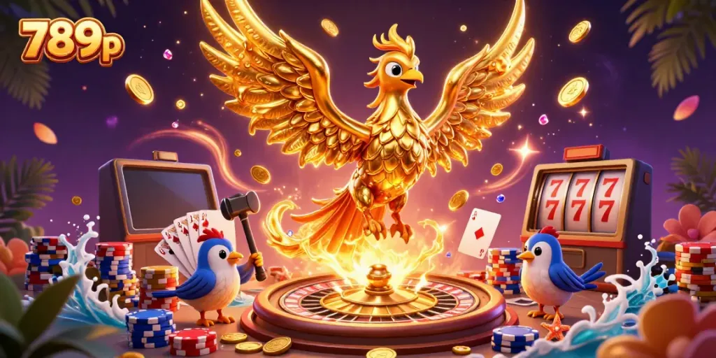 Experience the exhilaration of winning with 789p as golden coins cascade from a molten phoenix in this casino-themed illustration.
