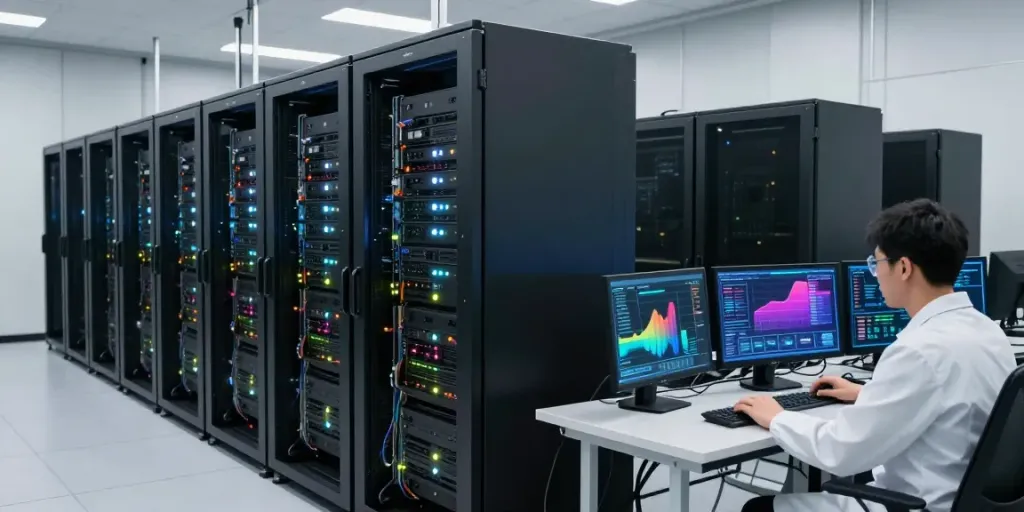AI infrastructure in a modern data center showcasing GPU servers and real-time analytics.