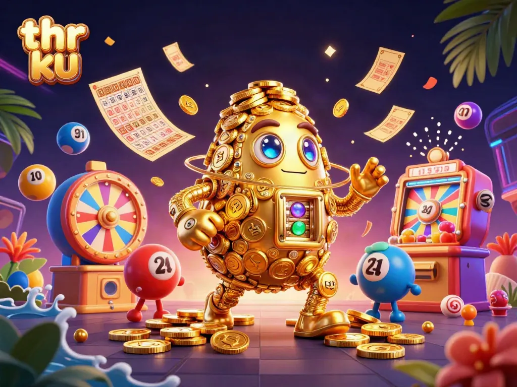 Engage with thrilling gameplay at thr ku, featuring a golden golem and vibrant lottery balls.