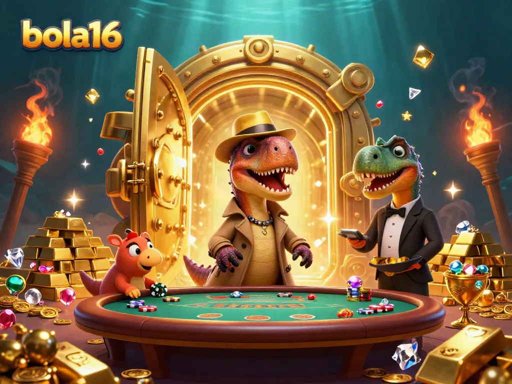 Engage with rich visuals of bola16 featuring a velociraptor at a blackjack table amidst treasure elements.