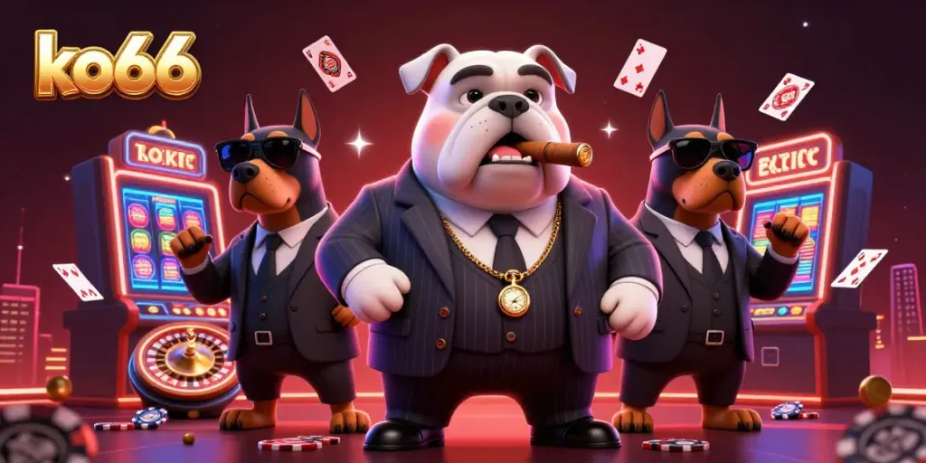 Experience the thrill of winning at ko66 with a dynamic casino scene featuring a mafia bulldog and bodyguard Dobermans.