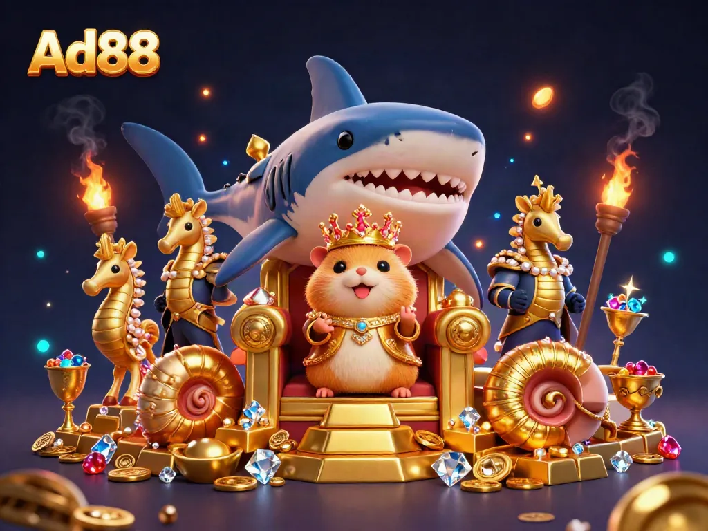 Experience the excitement of Ad88 with vibrant treasures and royal characters in a dynamic casino scene.