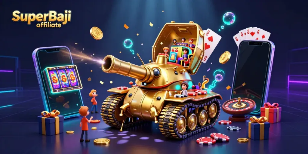 Earn high commissions promoting the SuperBaji affiliate program in a vibrant casino-themed scene.