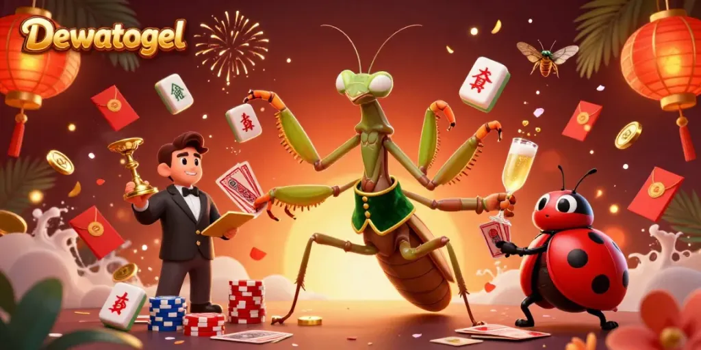 Dewatogel's dynamic gaming scene featuring a card sharp mantis, pit boss ladybug, and vibrant casino elements.
