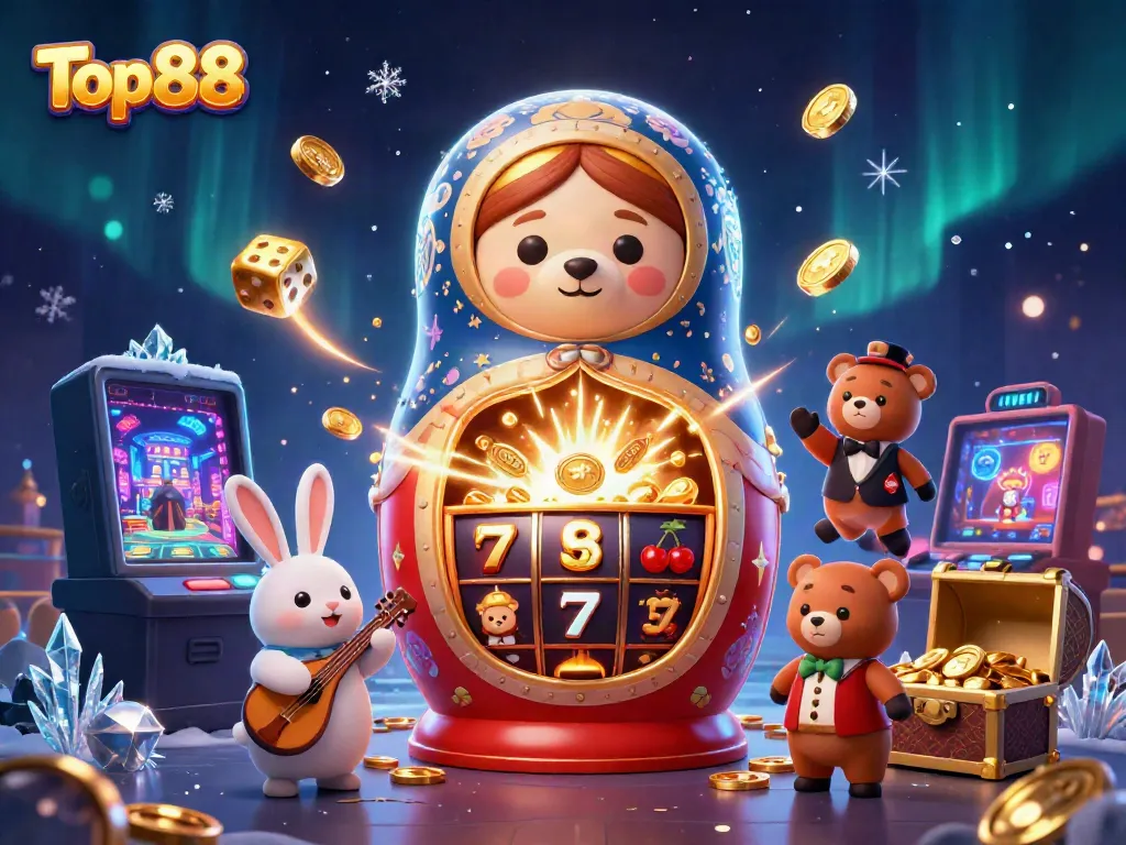 Experience the thrill of Top88 with a vibrant 3D scene full of casino elements and characters.