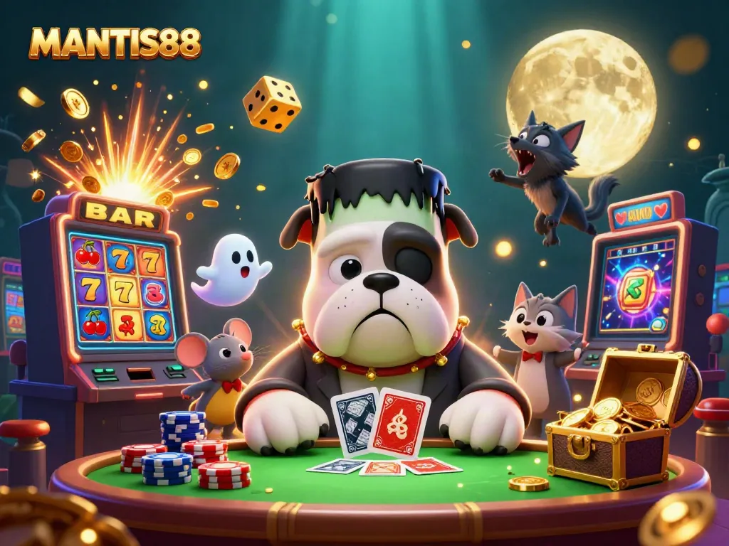 MANTIS88 showcases a spooky casino scene with a unique bulldog dealer and playful characters.