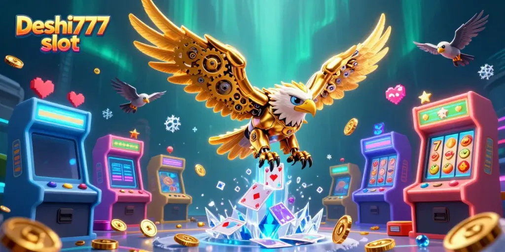 Experience the exciting Deshi777 slot with a golden eagle diving through holographic cards.