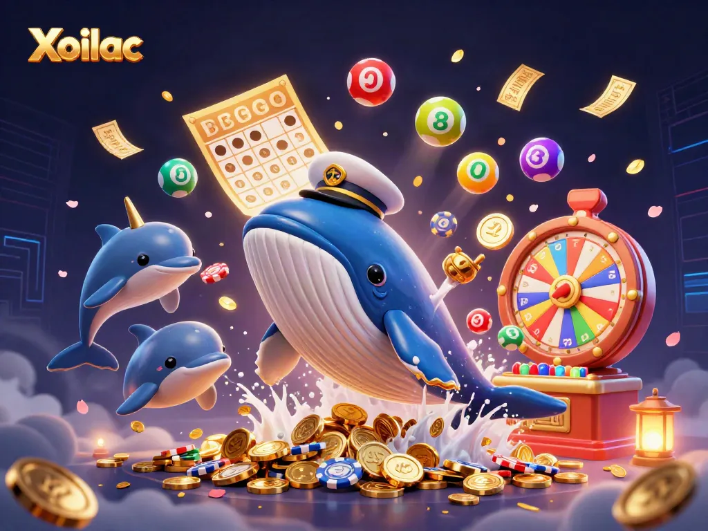 Xoilac captures the excitement of winning as a cartoon whale and friends revel among vibrant casino elements.